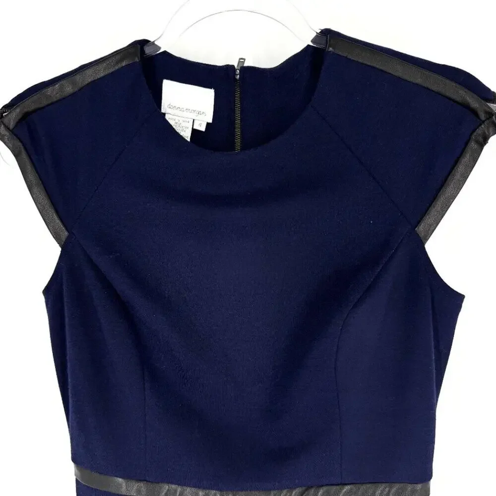 Donna Morgan Cap Sleeve Dress Blue with Black Faux Leather Trim Size 4‎